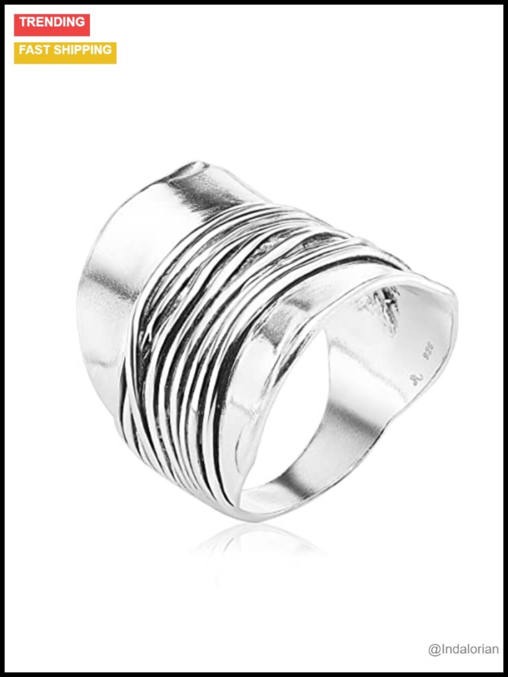 925 Sterling Silver Wide Shield Ring Wire Wrap Vintage Statement Ring